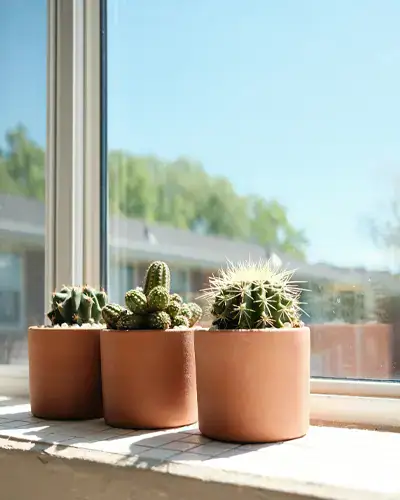 Cactussen in de vensterbank, hittegolf, kamerplanten